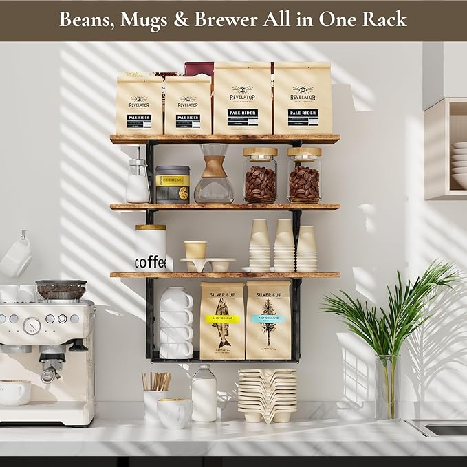 3 Tier Floating Shelf with Storage Baskets, Wall Mounted Bathroom Shelves Over Toilet, Wood Wall Shelves for Kitchen, Bedroom