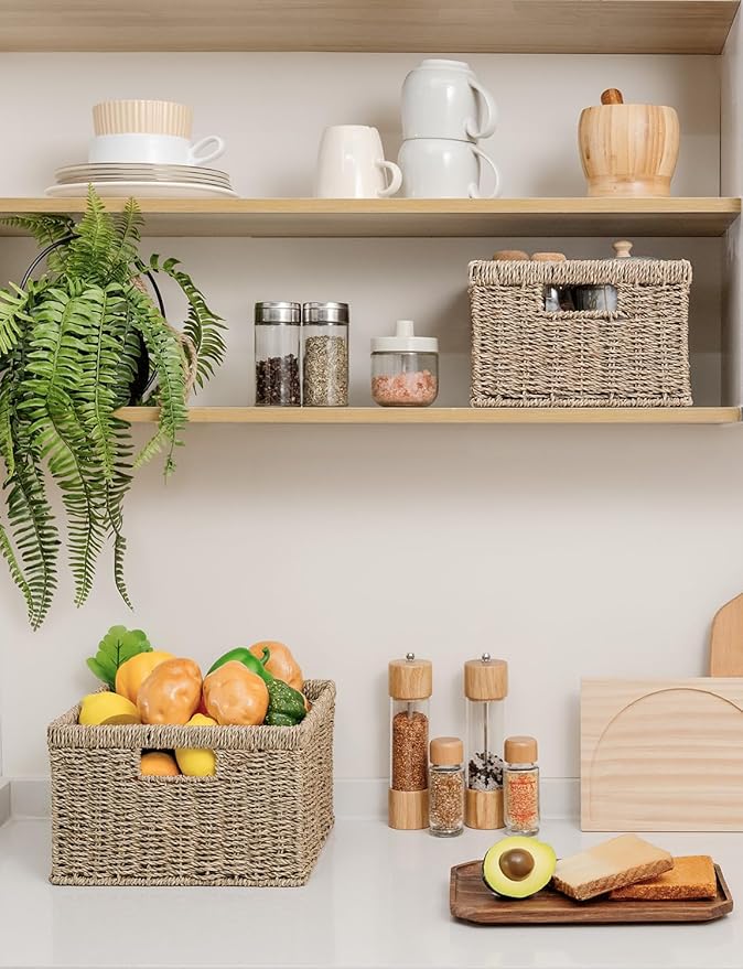 StorageWorks Wicker Storage Baskets, Handwoven Seagrass Basket for Organizing, Decorative Wicker Baskets with Built-in Handle