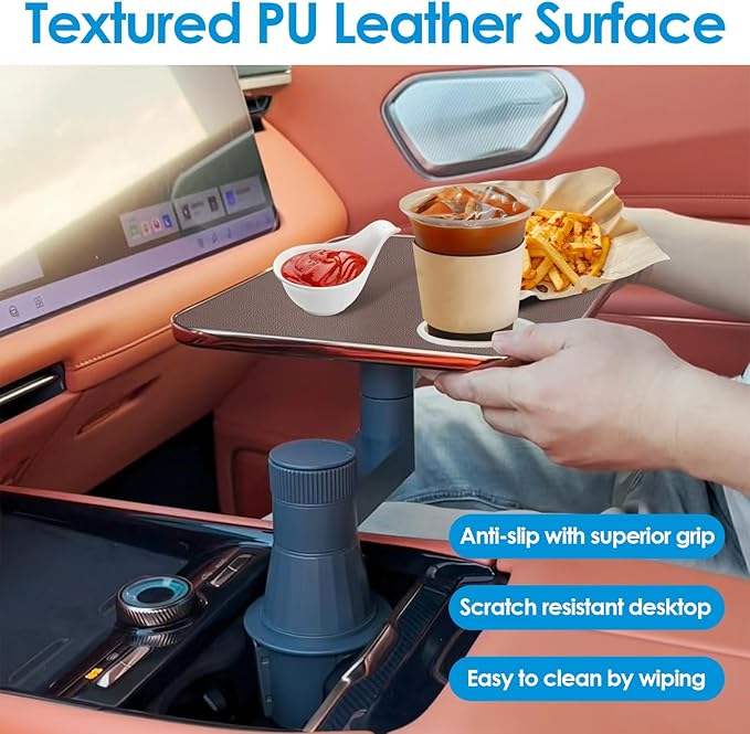 Car Tray& Car Desk for Laptop,Dual 360° Rotating,Anti Slip Leather Surface, Food Tray, Cup Holder Table Compatible with Tesla Model Y/3/S, Ford F150/Explorer/Maverick/Home Theater Seating (Brown)