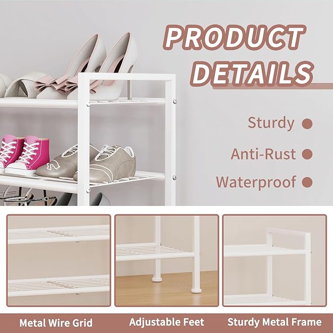 3-Tier Metal Shoe Rack, Sturdy Floor-Mounted Storage Organizer for Closet Entryway Garage Dorm Room, Easy Assembly Multi-Purp
