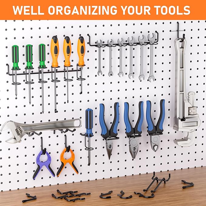 INCLY 176PCS Extra Thick Pegboard Hooks, 1/4" Heavy Duty Black Metal Peg Board Hooks Assortment with Peg Locks Pegboard Acces