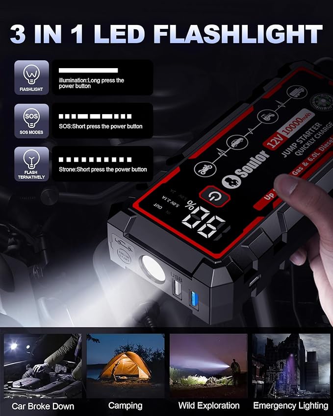 9 in 1 Jump Starter, 12V Jump Box Car Battery Jumper Starter Portable with 14 in 1 Protection Jumper Cables, LED Lights, LCD