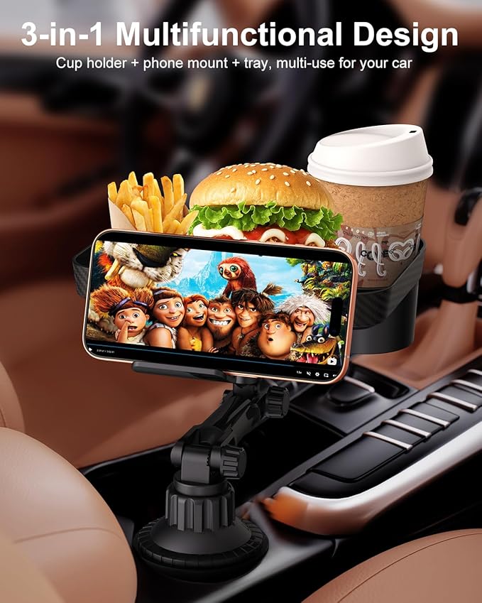 3 in1 Car Cup Holder Expander with 360° Rotation Phone Mount, Multifunctional Car Food Tray for Eating, Drinking, and Phone M