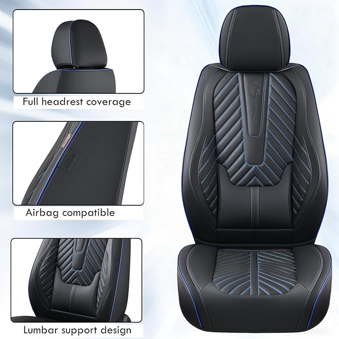 Coverado Front Seat Covers, Waterproof Leather Car Seat Protector, Universal Fit for Most Cars (Black&Blue)