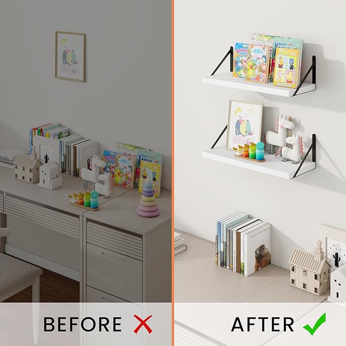 Wall Shelf, Floating Book Shelves with Brackets, 16 inch White Shelves Set of 3, Particle Board Wooden Shelf for Kitchen, Bat
