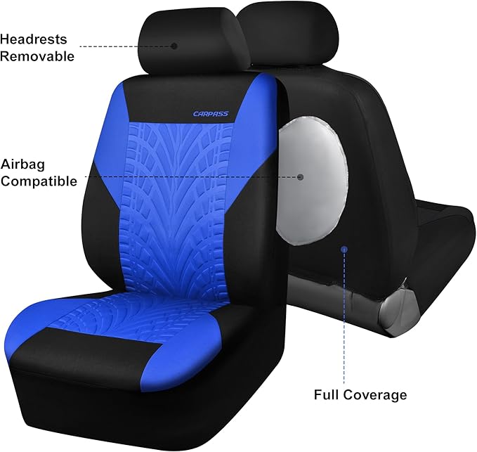 CAR PASS Car Seat Covers Full Sets, Front & Split Rear Bench for Car, 3D Tyre Embossed Automotive Interior Covers, Airbag Com