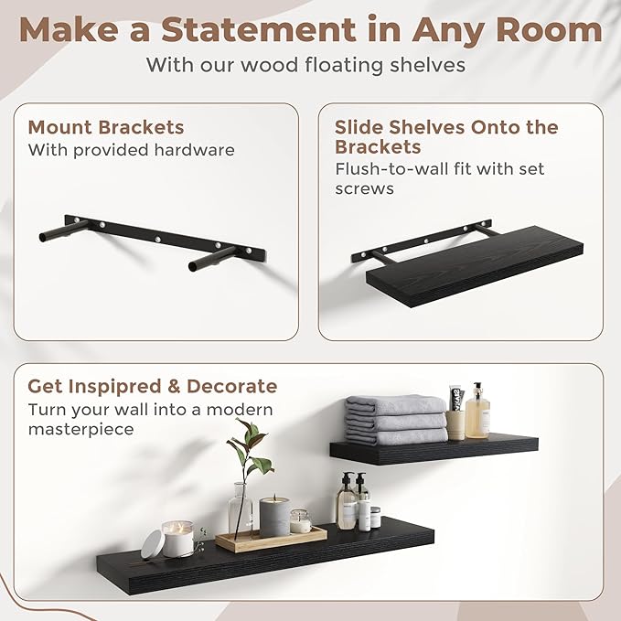 40 Inch Floating Shelves for Wall Set of 2, 8"D Wood Grain Bathroom Shelves with Invisible Brackets, Easy Install Engineered 