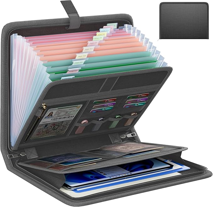 Fireproof Accordion File Organizer, Portable Expanding File Folder with Waterproof Zipper&Labels, Dark Gray Document Organize