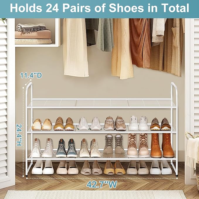 AOODA Long 3 Tier Metal Shoe Rack for Closet Wide Stackable Shoe Storage Organizer for Entryway, Bedroom, Floor, 24-Pairs Men
