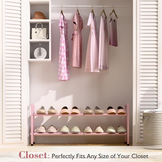 Bumusty 2-Tier Expandable Shoe Rack for Closet, 18“-33” Adjustable Shoe Rack for Small Space, Small Shoe Organizer for Front 