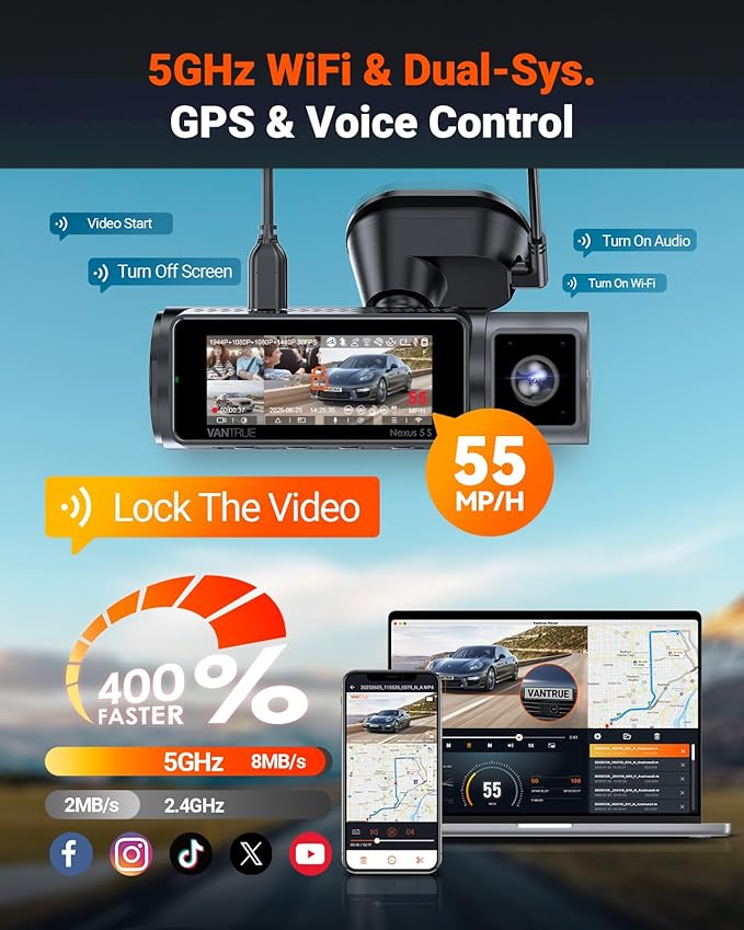 Vantrue N5S 4 Channel 360 Degree 2.7K Dash Cam, 4CH STARVIS 2 Night Vision, 2.7K+1080P*2+1440P Front Rear Inside Dashcam, 24/