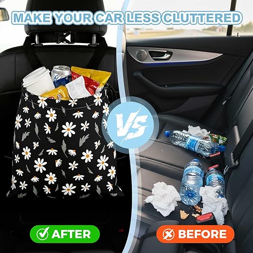 Daisy Flower Car Trash Bag - Waterproof Car Trash Bag Hanging Leakproof Car Garbage Bag - Washable Reusable Trash Bag for Car Interior Hanging Organizer Storage Vehicle Travelling Camping
