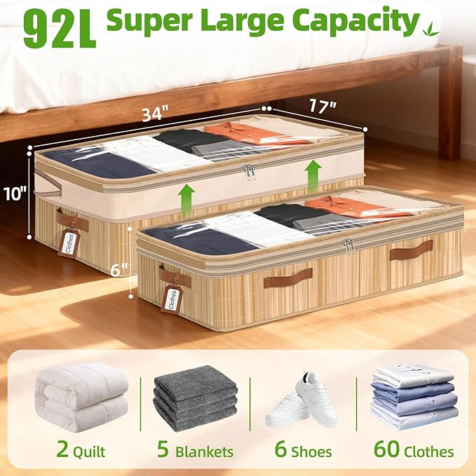 Livole Bamboo Under Bed Storage, 6-10 inches Height Adjustable Underbed Storage Containers, 92L XXXL Large Under Bed Storage 