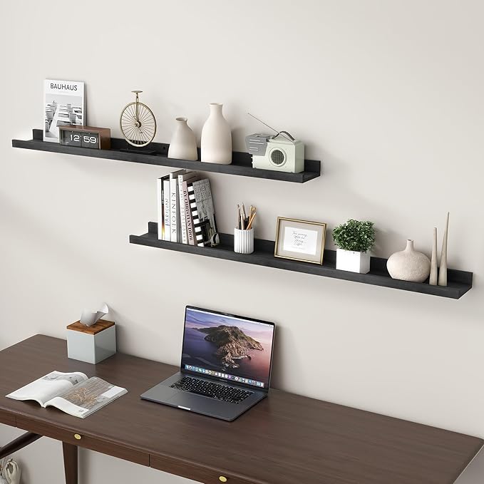 Picture Ledge Shelf for Wall, 48 inch Solid Pine Wood Nursery Book Shelves 2 Packs, Floating Ledge Shelves for Kids' Room Bed