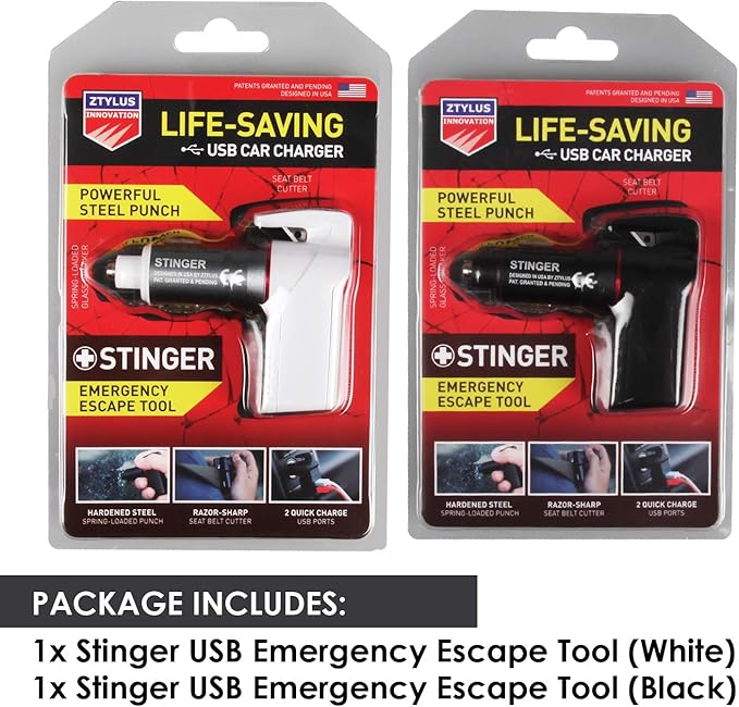 Stinger USB Emergency Escape Tool: Life-Saving Rescue Car Charger, Spring Loaded Window Breaker, Seat belt Cutter, Dual USB P
