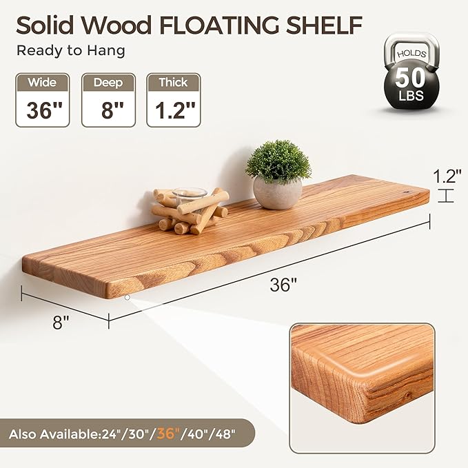Fun Memories 36 Inch Floating Shelves, Rustic Solid Wood Wall Shelves Set of 2, 8 Inch Deep Floating Shelf for Bathroom, Bedr