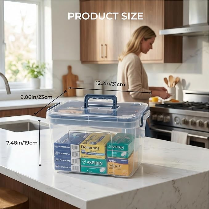 Pulseplay Clear Medicine Organizer Box with Handle Medicine Cabinet Organizer with Removable Tray First Aid Box Empty for Hom