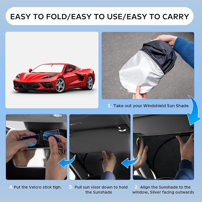 Sun Shade Sunshade for Chevrolet Chevy Corvette C8 2020-2025 2026 Windshield Cover, 4-Layers Sun Shield 250T Silver Sun Visor Foldable Window Shade Blocks UV Rays Car Accessories