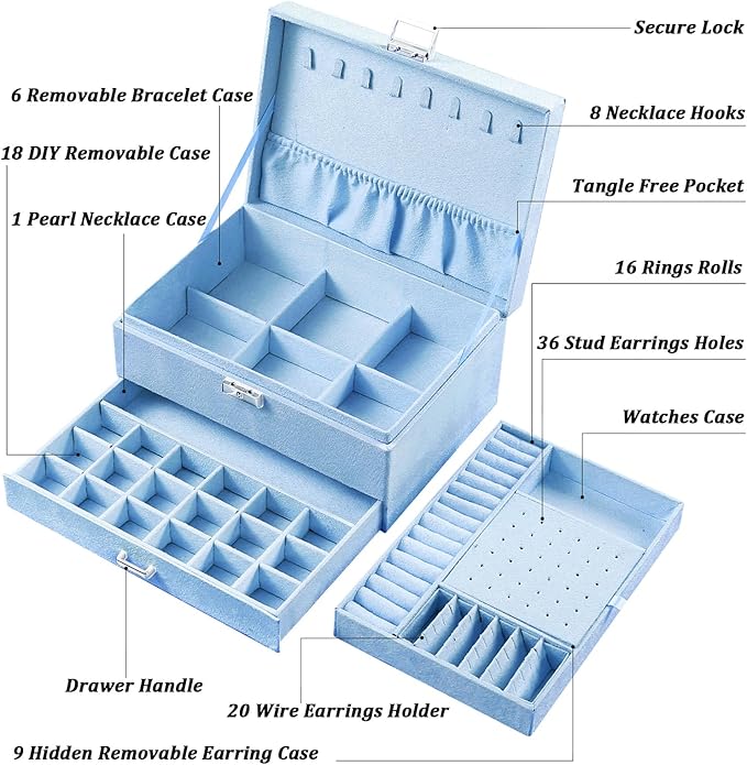 QBestry 3-Layer Jewelry Box for Girls & Teens with Lock and Key, Large Jewelry Organizer with 8 Necklace Hooks & 56 Earring H