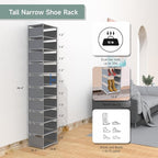10 Tier Vertical Shoe Rack - Grey Narrow Shoe Rack for Closet & Entryway, Space Saving Tall Shoe Organizer for Small Spaces, 