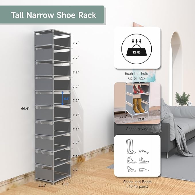 10 Tier Vertical Shoe Rack - Grey Narrow Shoe Rack for Closet & Entryway, Space Saving Tall Shoe Organizer for Small Spaces, 