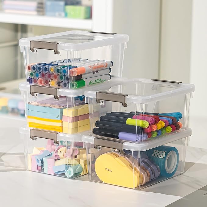 Anywish 8 Packs Small Storage Bins 1.3 QT Plastic Storage Container Stackable Box with Lids for Organizing, Clear White