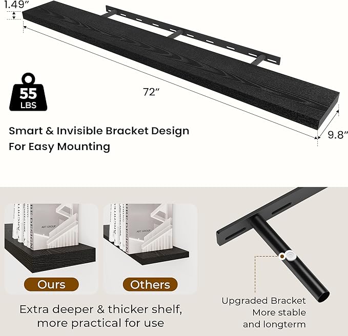 Dreamland 72 Inches Floating Shelves for Wall, 9.8" Deep Long Floating Shelves Set of 1, Large Display & Storage Shelf, Wall 