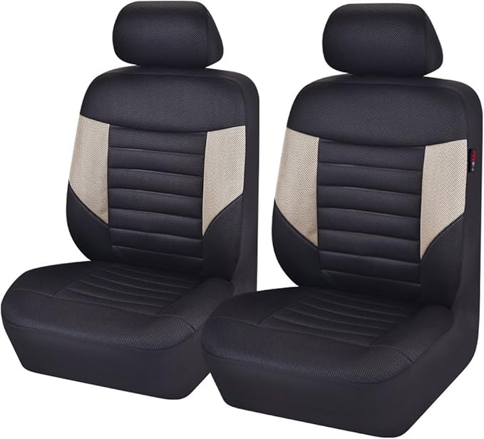 CAR PASS 6PCS Super Universal Fit Air Mesh Two Front Car Seat Covers Set Package-Fit for Vehicles,Suvs,Vans,Sedans,Airbag Compatiable (BLACK AND BEIGE)