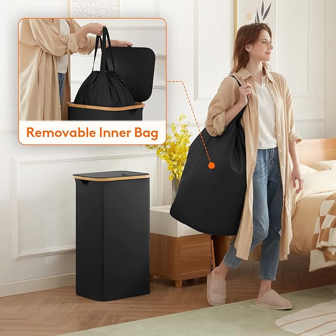 Lifewit 100L Laundry Basket with Lid, Clothes Hampers for Laundry with Bamboo Handles and 1 Removable Bag, Large Foldable Lau