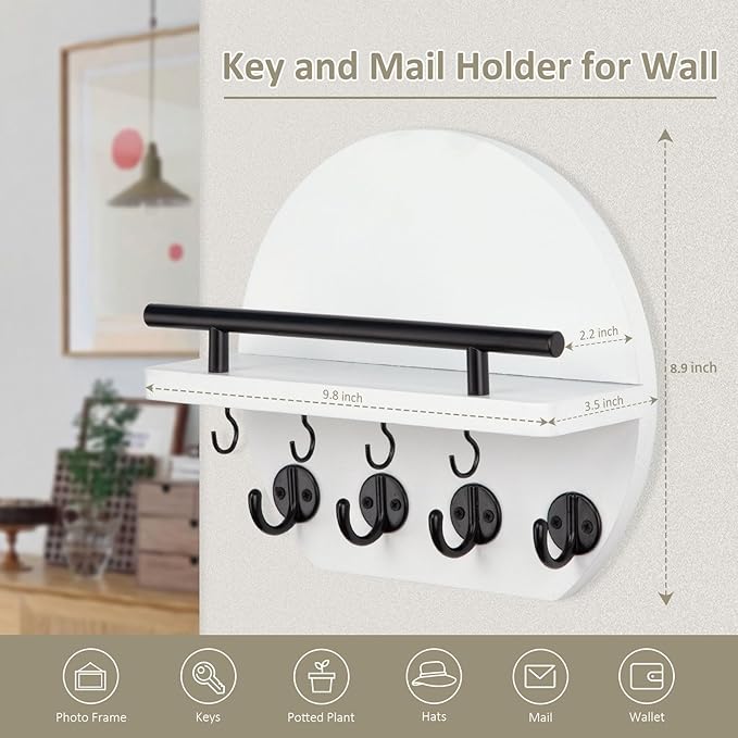 Nekon Key Holder for Wall - 9.8 Inch Apartment Wall Decor with Shelf and 8 Key Hooks, Circular Wood Key Hanger for Home Decor