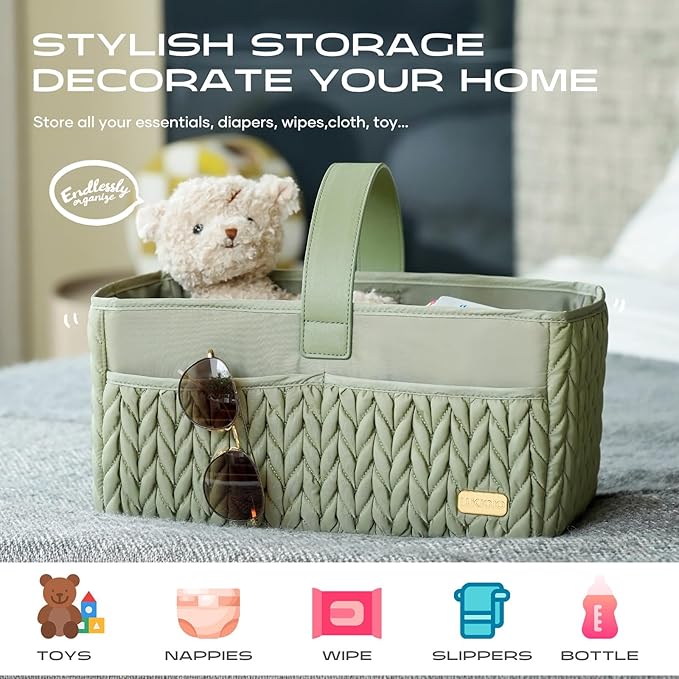 Luxurious Baby Diaper Caddy, Nursery Storage Basket for Newborn Essentials, Travel Baby Basket for Diapers Baby Wipes, Organi
