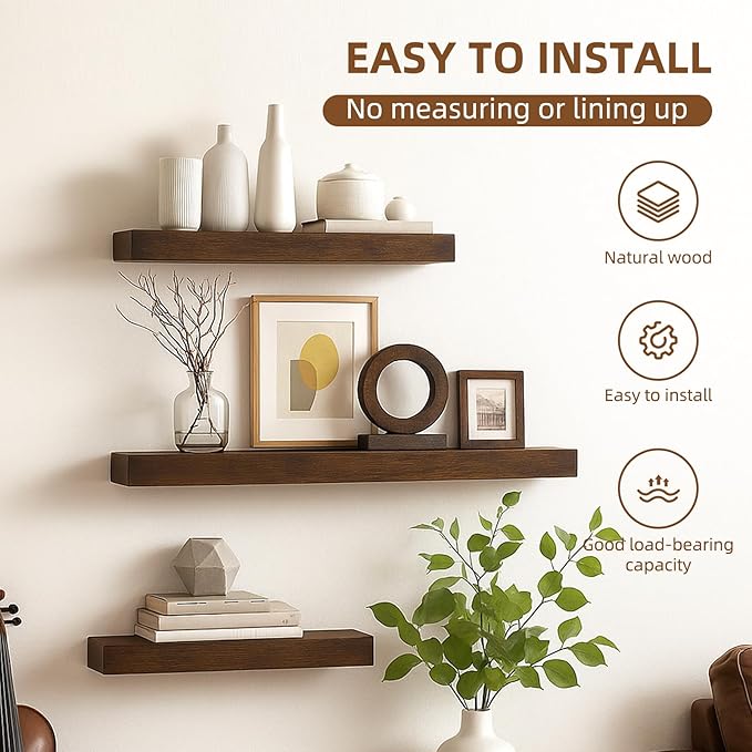 Floating Shelves for Wall, 23.6 inch Long Set of 3 Wood Rustic Wall Mounted Shelves, Display Shelf with Invisible Heavy, Larg