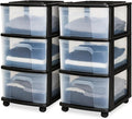 HOMZ 2-Pack Drawer Tower, 3-Tier Clear Plastic Storage Organizer Cart, Black Frame - Organizing Containers with Wheels for Ho