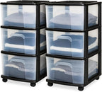 HOMZ 2-Pack Drawer Tower, 3-Tier Clear Plastic Storage Organizer Cart, Black Frame - Organizing Containers with Wheels for Ho