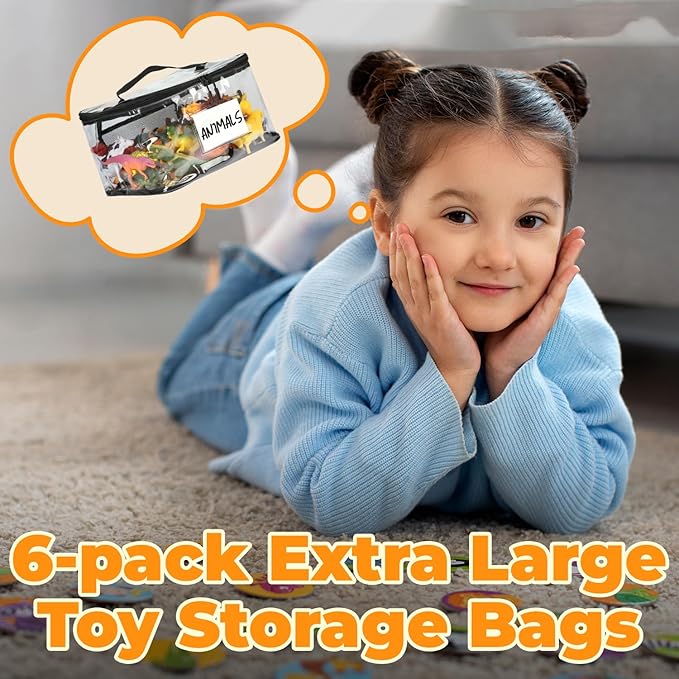 6-Pack Extra Large Toy Storage Bags with Zippers & Labels, Reusable Clear TPU Waterproof Organizer for Kids Toys, Building Bl