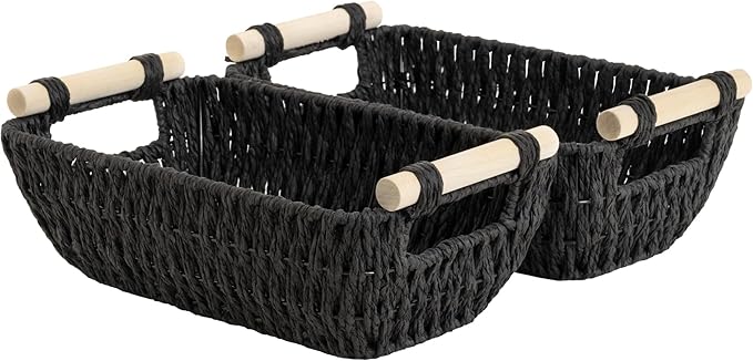 StorageWorks Black Wicker Storage Basket for Organizing with Wooden Handles, Small Woven Basket for Shelf, Toilet Paper, 2-Pa