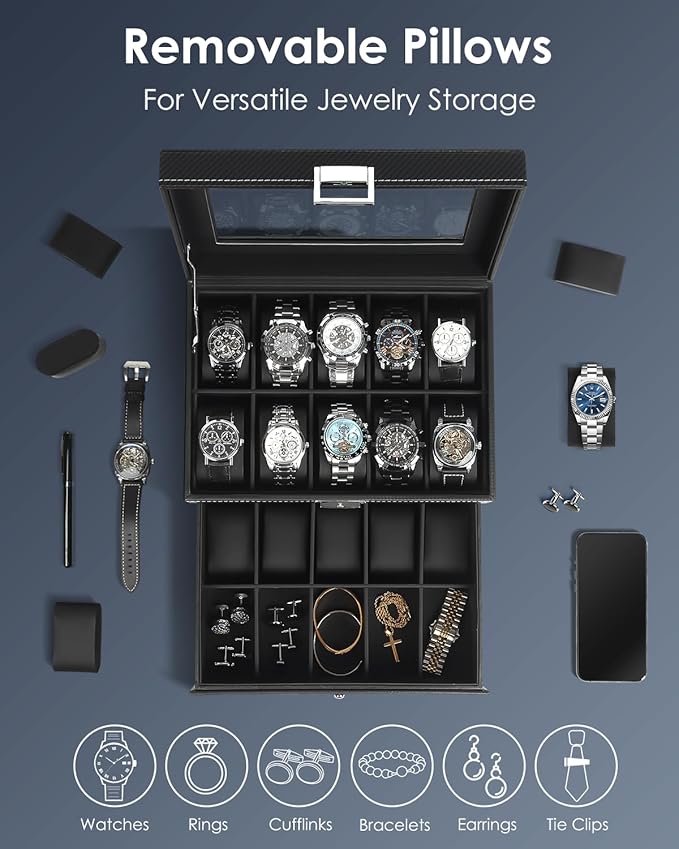 Watch Case for Men, 20-Slot 2-Layer Watch Box with Large Glass Lid, Watch Storage Organizer with Removable Watch Pillows, Men
