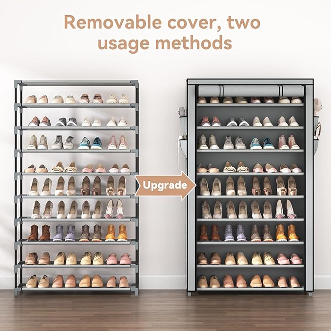 LANTEFUL Shoe Rack with Covers 10 Tier Tall Shoe Rack Organizer Large Capacity Shoe Shelf Storage 40 Pairs Space Saving Free 