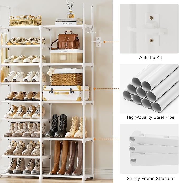 WOWLIVE 9 Tiers White Shoe Rack for Closet Shoe Rack Storage Organizer for Entryway 30-35 Pairs Stackable Shoe Shelf for Fron