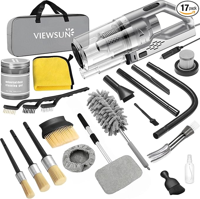 Viewsun Car Cleaning Kit, 17PCS Car Interior Detailing Kit with Gray High Power Handheld Vacuum, Detailing Brush Set, Windshi