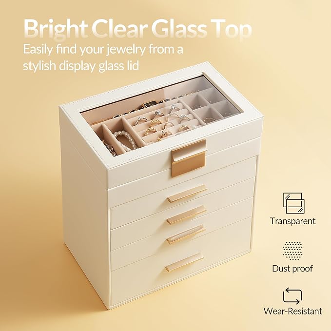 Somduy Jewelry Box, 5 Layers Jewelry Storage Display Box with Glass Lid for Women, 4 Drawers,Large Capacity for Necklace Earr