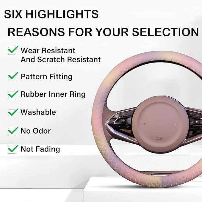 Leather Steering Wheel Cover, Colorful Cute Pink Purple Steering Wheel Cover Non-Slip Breathable Fabric Absorbing Sweat Unive