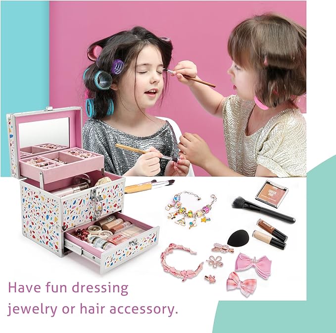 Hododou Girls Jewelry Box Organizer with Drawer & Mirror, Mermaid Tail Style Lockable Storage Case for Kid or Little Girls Je