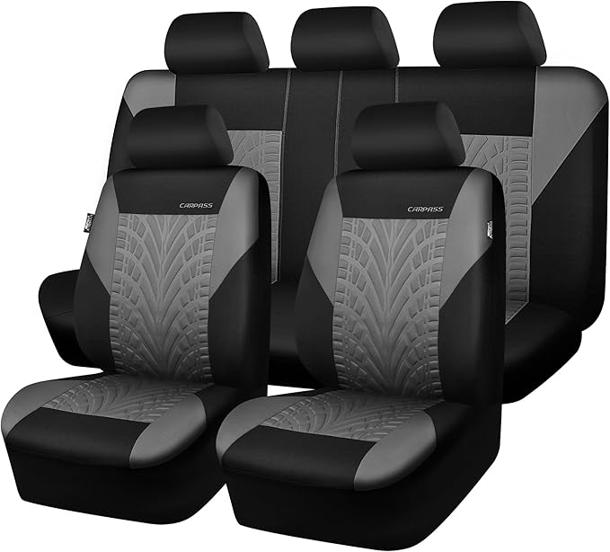 CAR PASS Car Seat Covers Full Sets, Front & Split Rear Bench for Car, 3D Tyre Embossed Automotive Interior Covers, Airbag Com