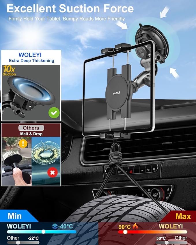 woleyi Heavy Duty Tablet Holder for Car/Truck - [Super Suction Cup] Windshield Dashboard Car Tablet Mount with 1/4" Screw Adapter for 4-13" iPad Pro/Air/Mini, Galaxy Tab/Z Fold, iPhone & Gopro/Camera