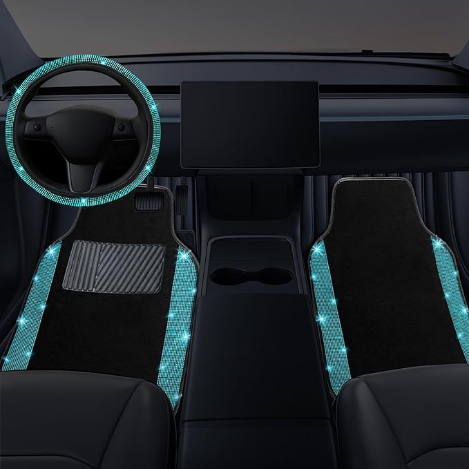 NBTEPEM Bling Car Floor Mats Full Set and Steering Wheel Cover, Universal Fit Most Cars, 4 pcs Sparkle Glitter Diamond Carpet, 5 pcs Bling Car Accessories Set for Women (Aquamarine Diamond)
