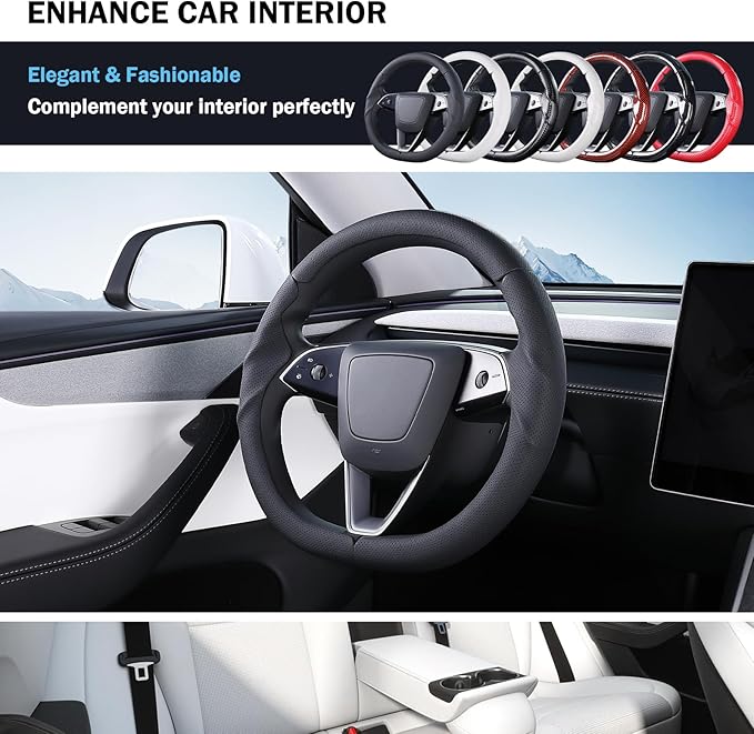 Steering Wheel Cover for Tesla Model 3 Highland(2024-Present)/ Model Y Juniper(2025-Present),Anti-Slip,Comfortable Grip,Breathable,Customized for Tesla Model 3/Y Accessories,Nappa Black
