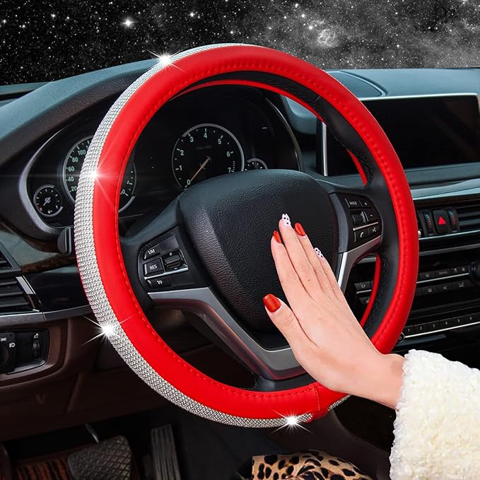 New Diamond Leather Steering Wheel Cover with Bling Bling Crystal Rhinestones, Universal Fit 15 Inch Car Wheel Protector for 
