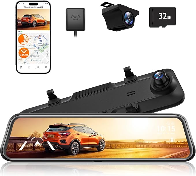WOLFBOX G840H 12'' Mirror Dash Cam with ADAS and BSD, 2.5K Rear View Mirror Camera Front and Rear, 5.8GHz WiFi, Voice Control