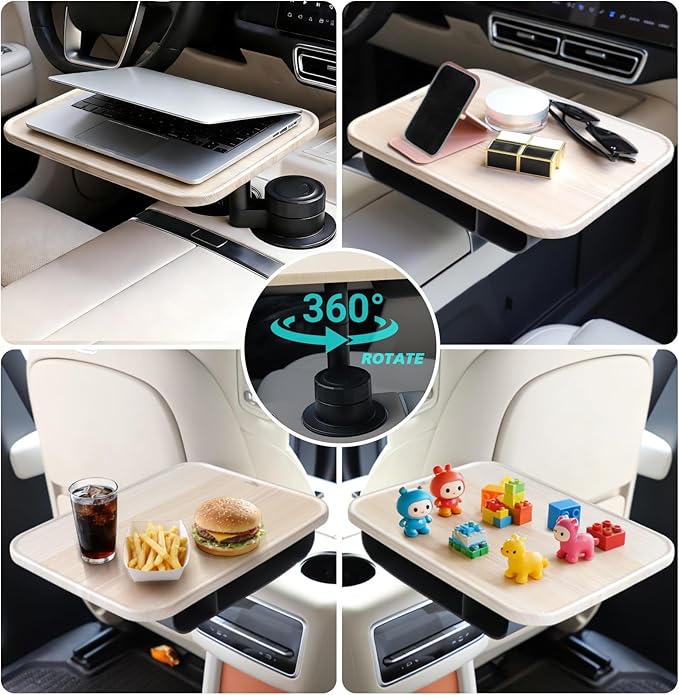 360° Rotating Wood Car Tray & Desk for Laptop - Steering Wheel Cup Holder Table, Car Accessories for Women & Men, Compatible with Tesla Model Y/3/S, Ford F150/Explorer/Maverick & Most Vehicles